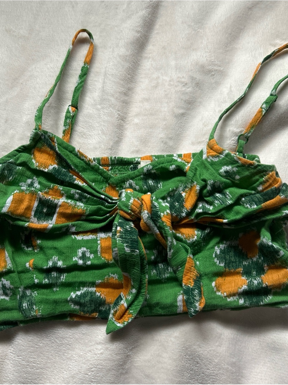 aerie Green Tie-Front Crop Top with Mustard Print